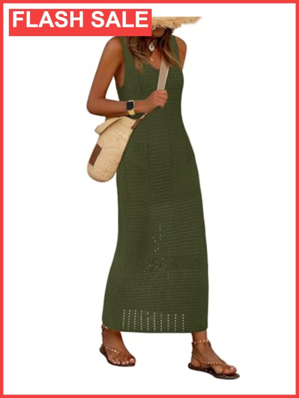 Long Crochet Swim Cover Up Sleeveless V Neck Maxi Beach Dress
